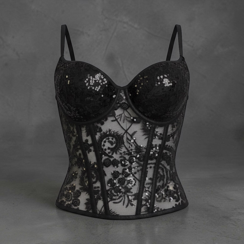 Corsé Negro de Encaje con Lentejuelas Plateadas – Seducción y Glamour en una Prenda