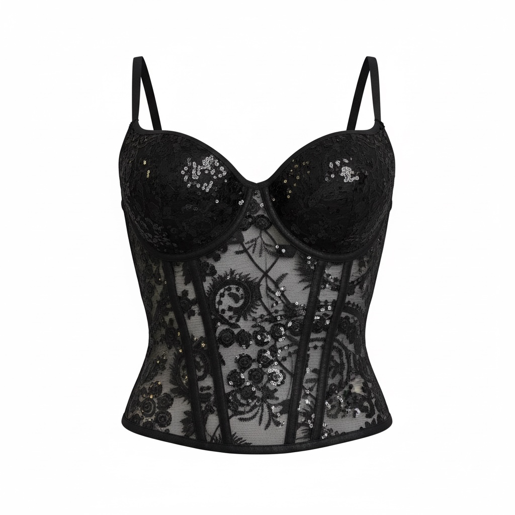 Corsé Negro de Encaje con Lentejuelas Plateadas – Seducción y Glamour en una Prenda