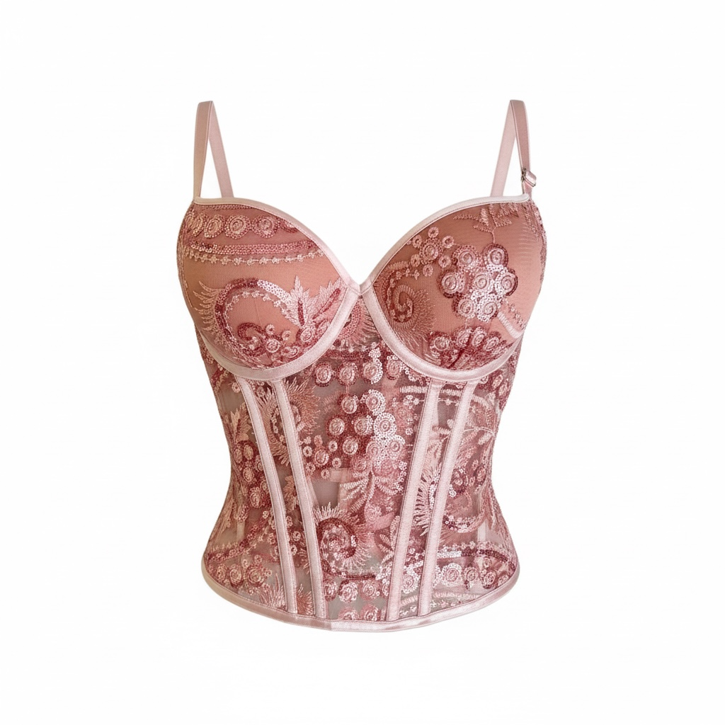 Bustier Corsé Rosa con Encaje Bordado y Lentejuelas – Lencería de Ensueño