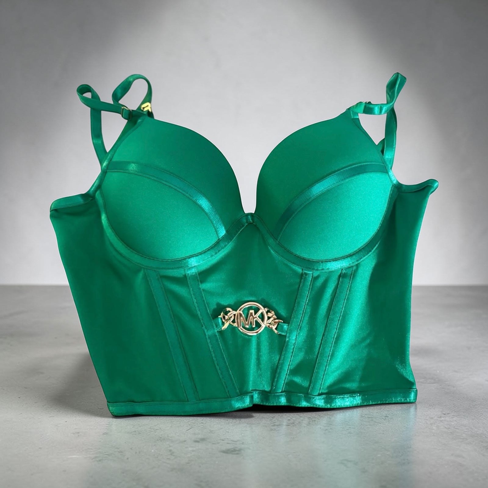 Bustier Corsé Verde Esmeralda con Hebilla MK – Lujo y Seducción en Estado Puro