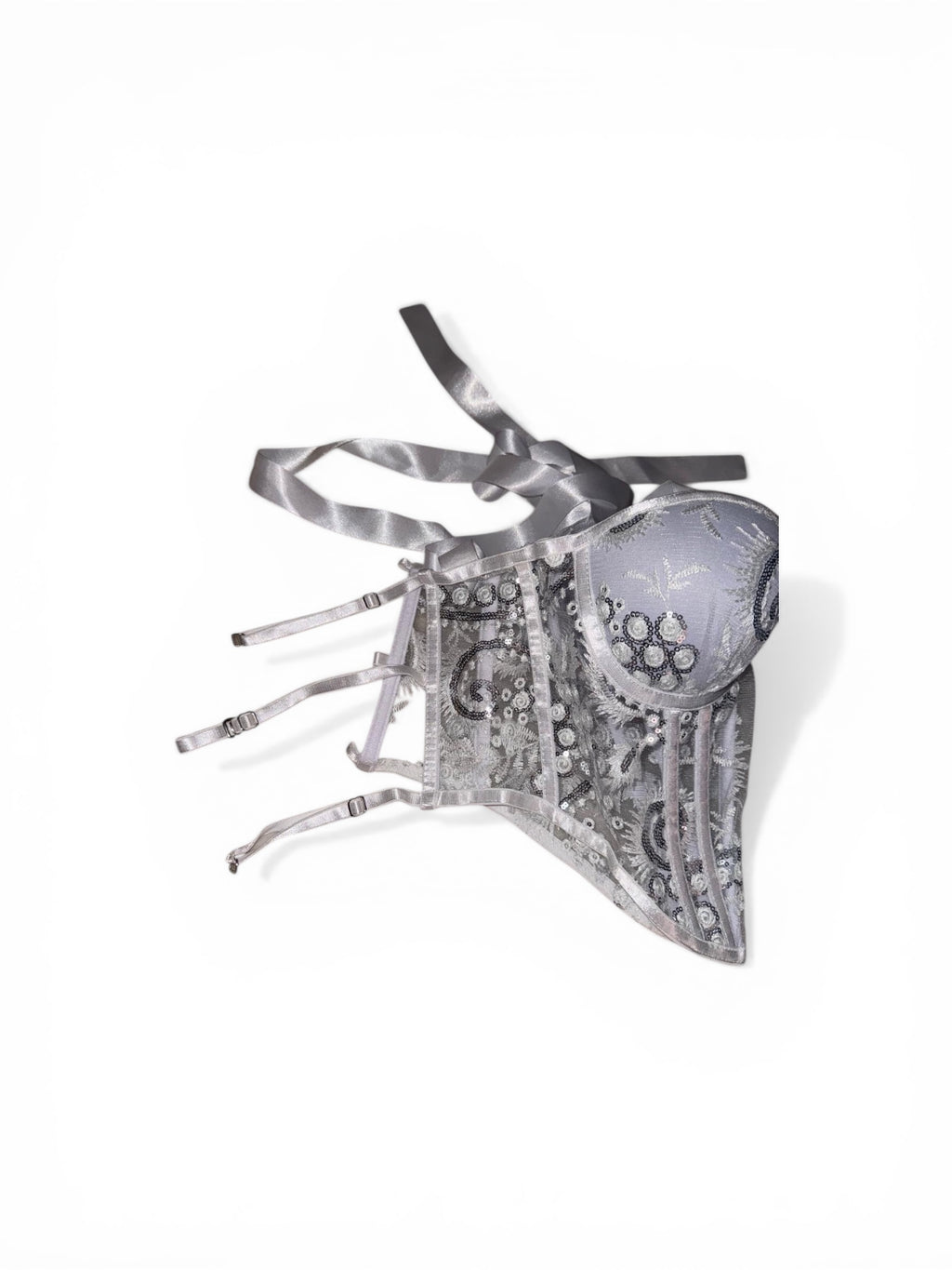 Corsé Plateado Elegante con Bordados y Lentejuelas – Lencería Sexy y Sofisticada