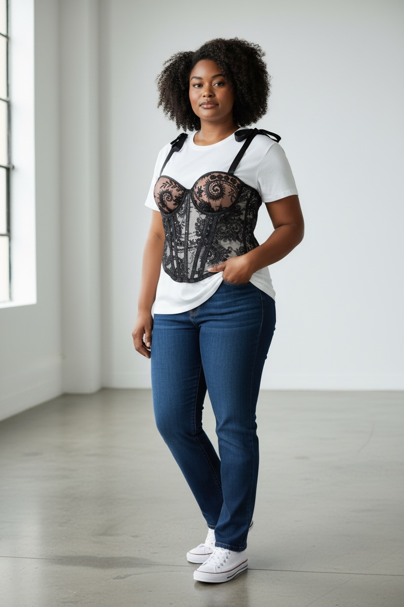 Corsé Negro de Encaje con Bordados y Lentejuelas – Lencería Sensual y Misteriosa