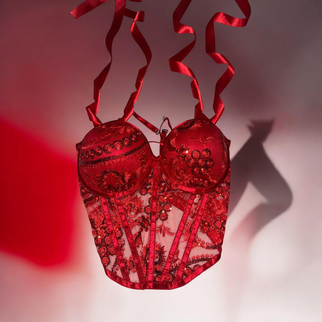 Corsé Rojo Pasión con Encaje y Lentejuelas – Lencería Sexy y Ardiente