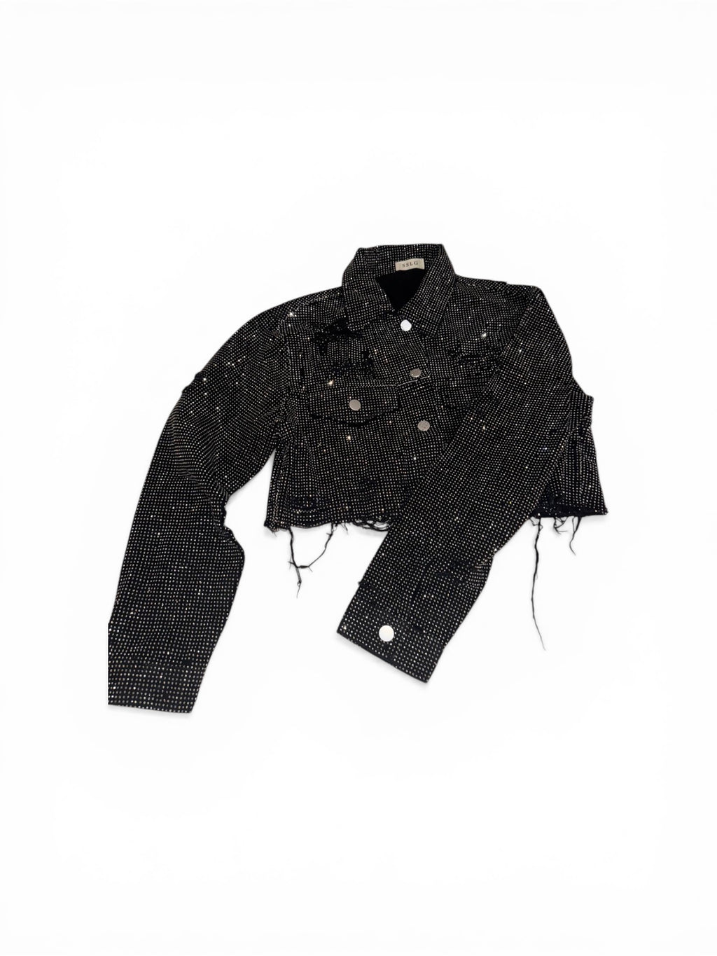 Chaqueta Vaquera Cropped Negra con Rhinestones – Estilo Glam Sparkle