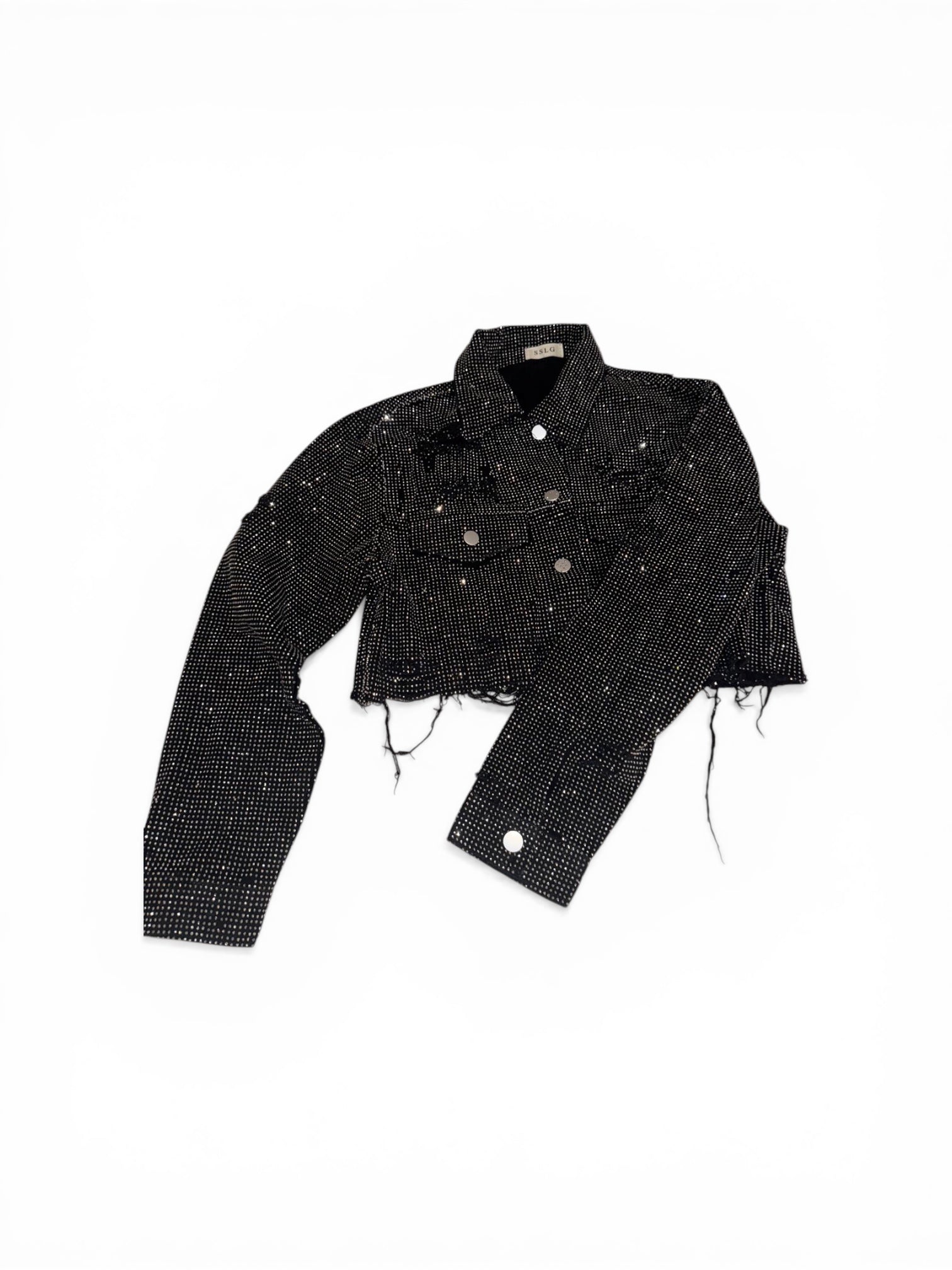 Chaqueta Vaquera Cropped Negra con Rhinestones – Estilo Glam Sparkle