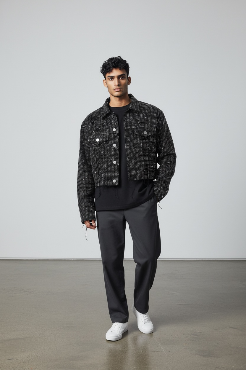 Chaqueta Vaquera Cropped Negra con Rhinestones – Estilo Glam Sparkle