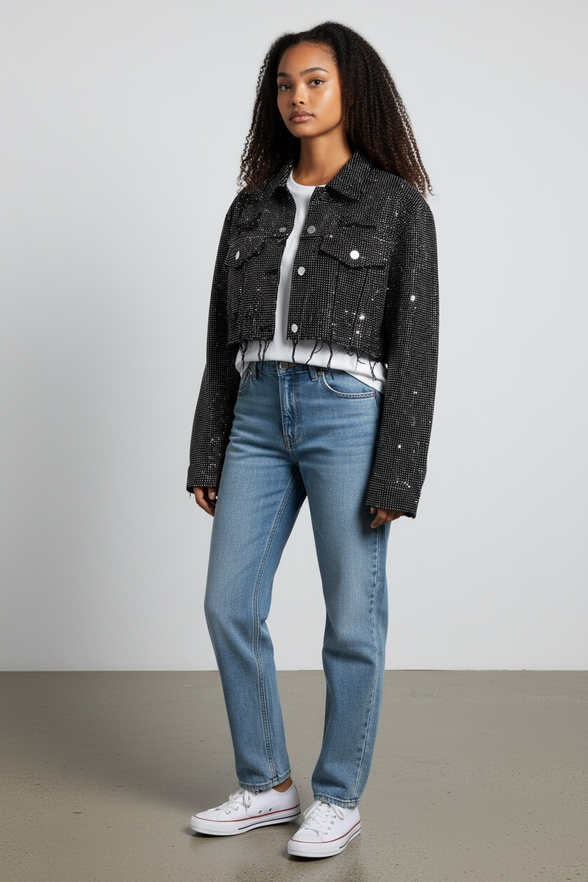 Chaqueta Vaquera Cropped Negra con Rhinestones – Estilo Glam Sparkle